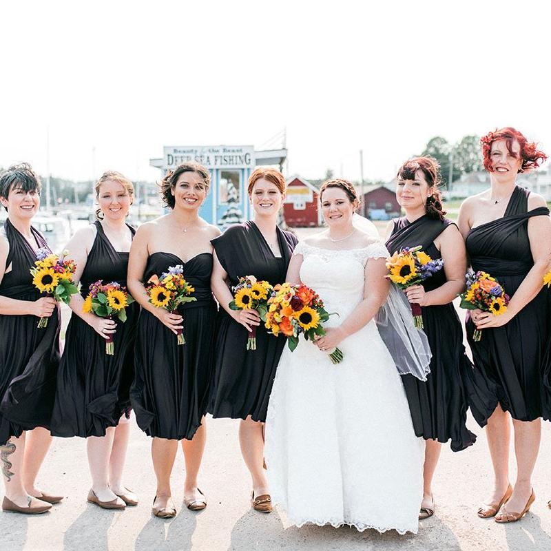 Black Bridesmaids Dresses with Colorful Bouquets